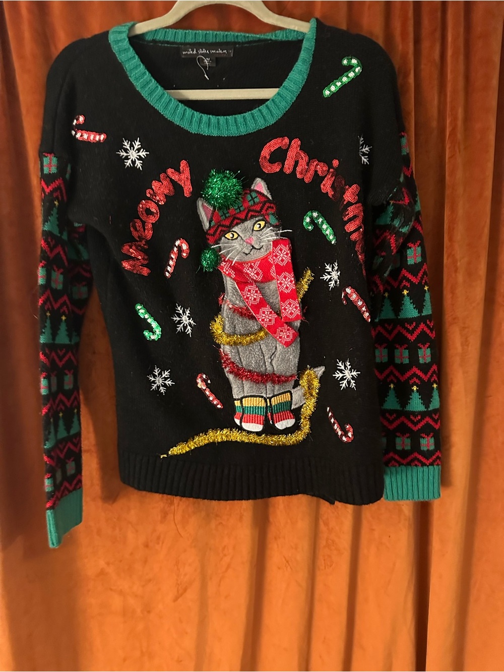 Holiday 'Meowy Christmas' Black Cat Sweater - Women ugly Christmas sweater